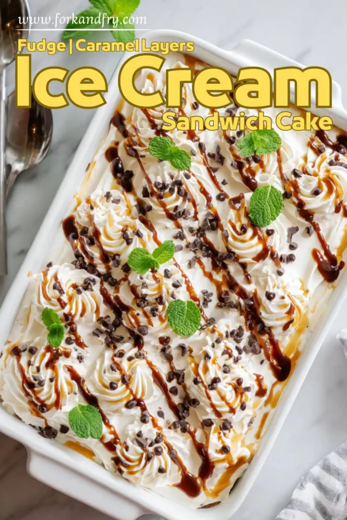 Frozen Ice Cream Sandwich Cake with Caramel Drizzle