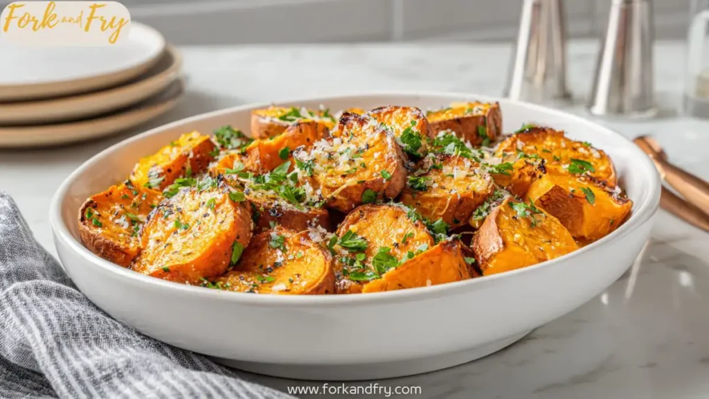 Garlic Parmesan Roasted Sweet Potatoes in White Bowl