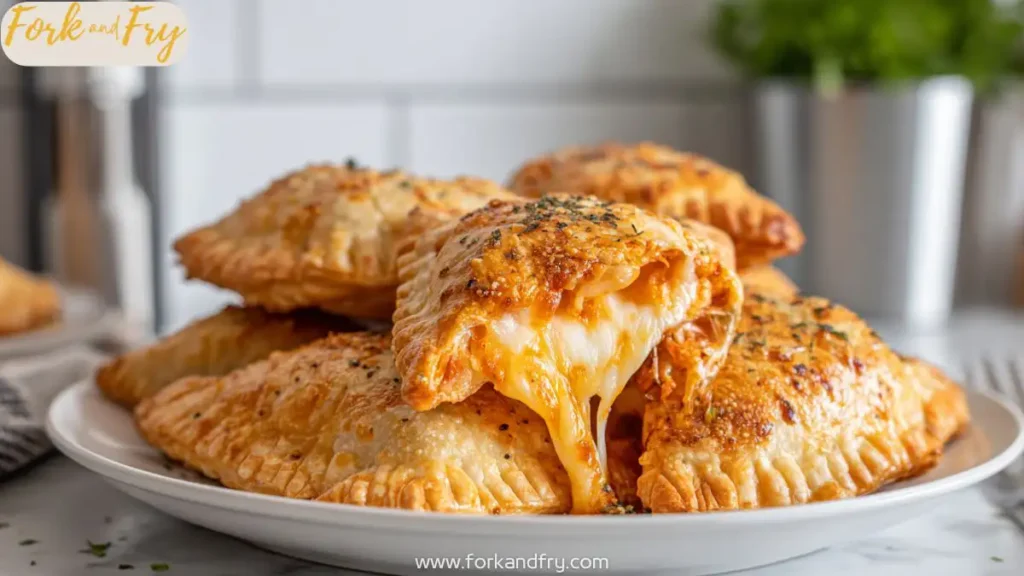 Golden-Baked Easy Cheesy Pizza Pockets on a Ceramic Plate