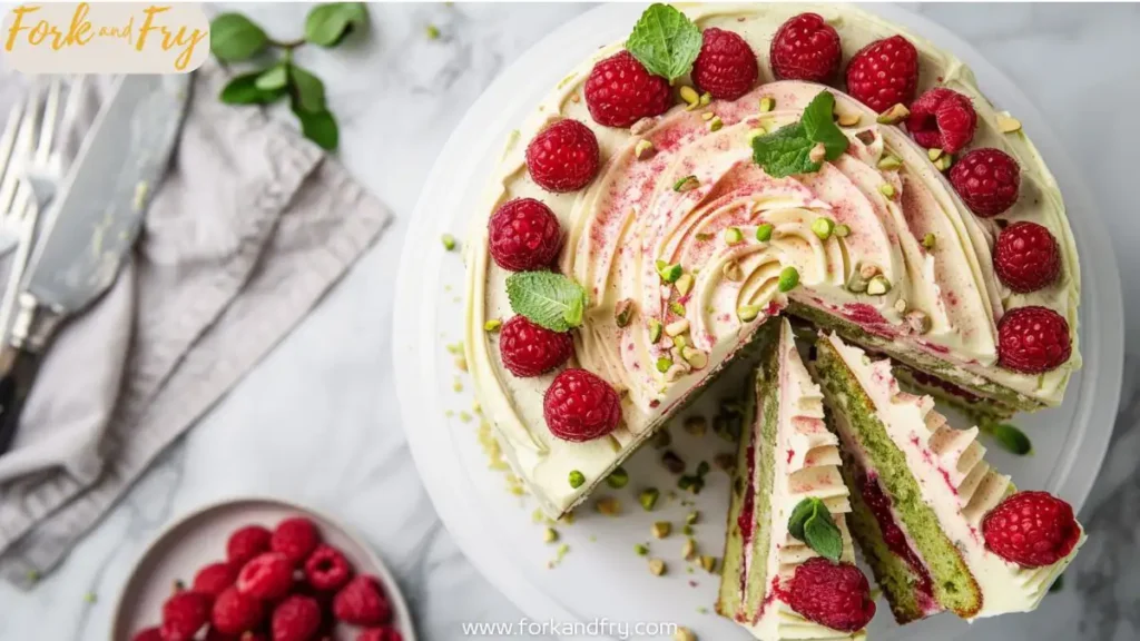 Cross-section of Pistachio Raspberry Cake with buttercream and fresh raspberry topping