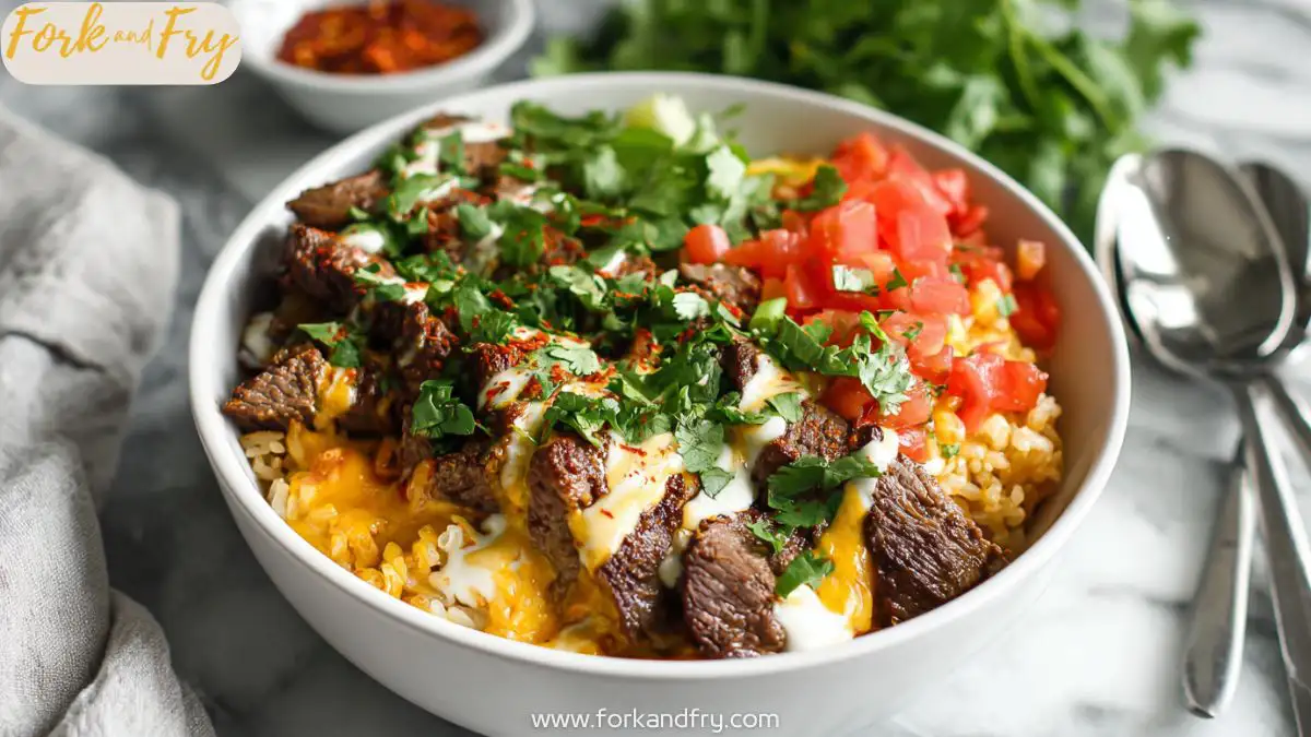 Steak Queso and Rice Bowl