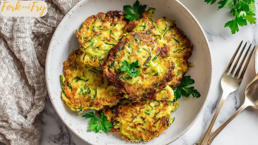 Golden, crispy zucchini fritters stacked on a white ceramic plate with fresh herbs