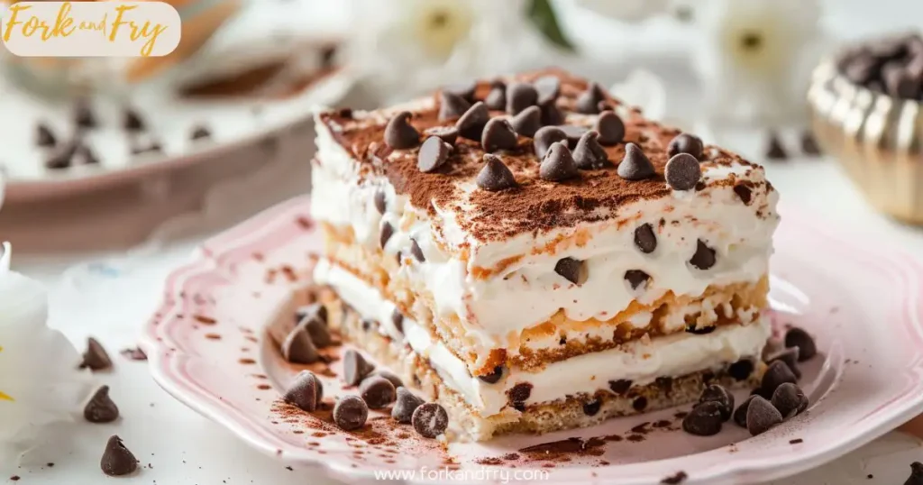 annoli cake slice Cannoli cake slice with ricotta filling and chocolate chip topping