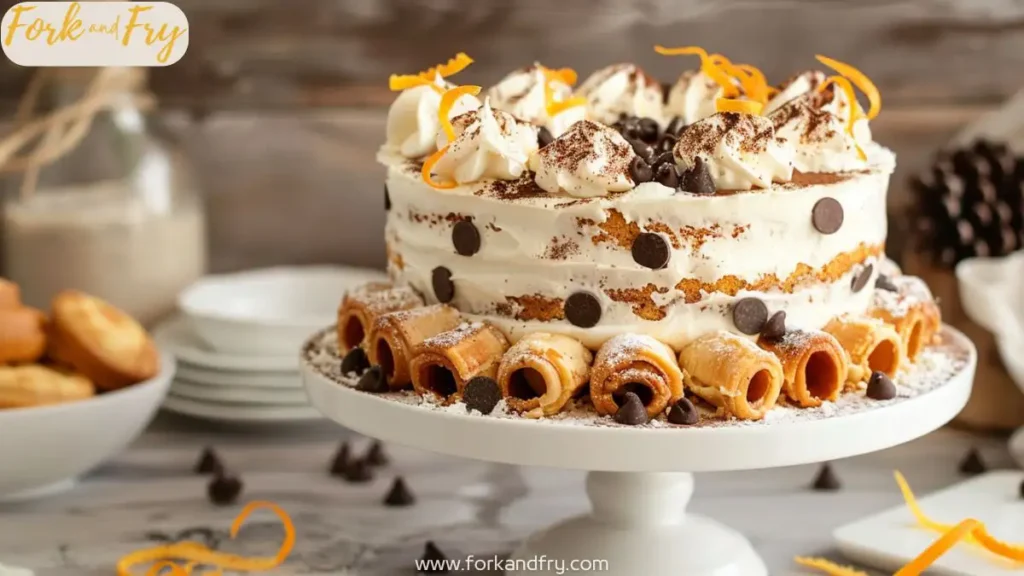 Cannoli cake with ricotta filling and chocolate chip topping