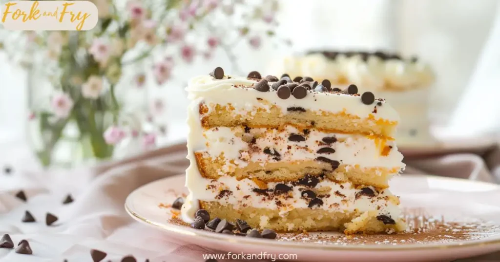 cannoli cake serving Slice of cannoli cake on serving plate