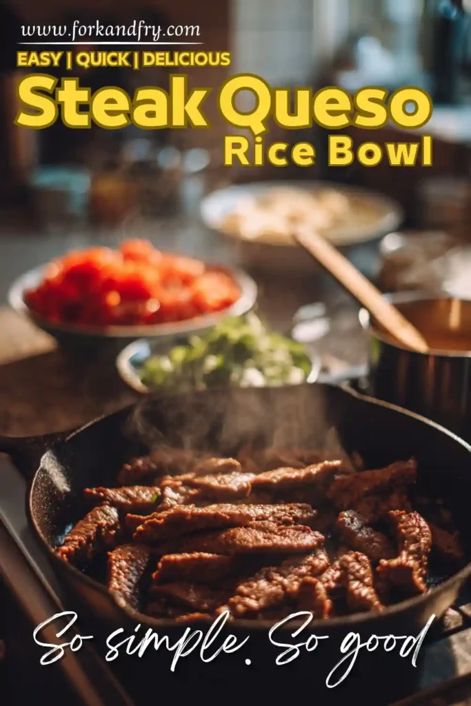 Sizzling steak strips cooking in a cast iron pan with rice bowl toppings in background