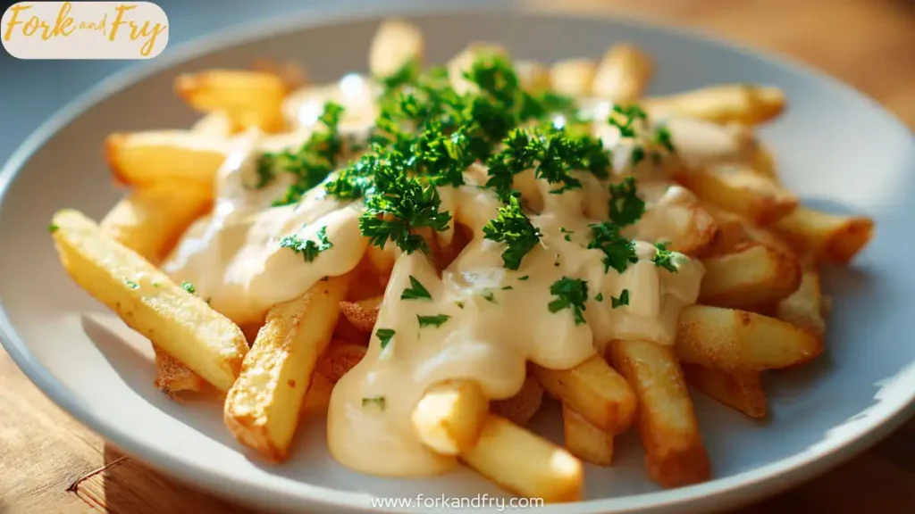 Creamy cheese sauce drizzled on crispy golden fries.