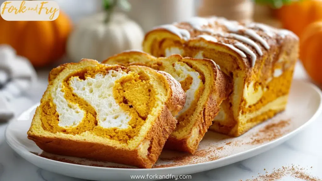 Mini loaves of pumpkin cream cheese swirl bread cooling on a rack