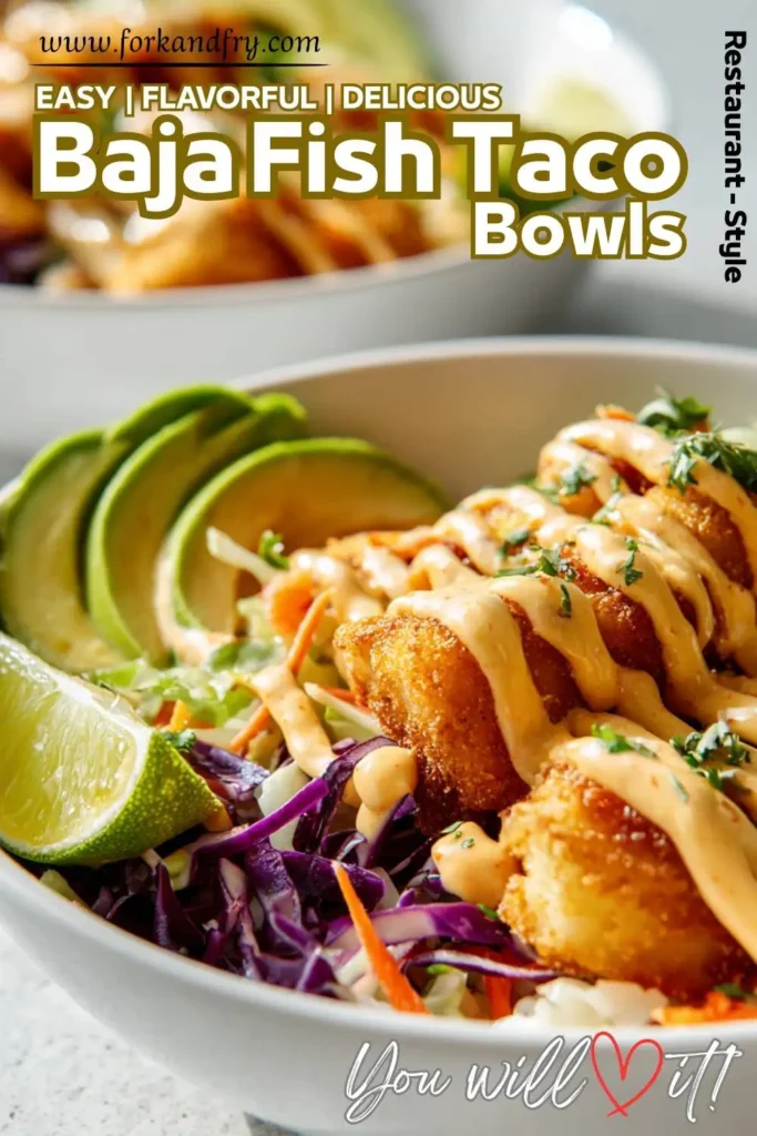 Bowl of crispy white fish, cabbage slaw, and sauce