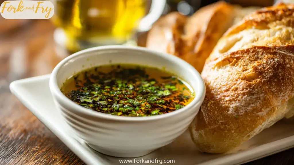Overhead view of olive oil and herb dip with fresh bread slices.