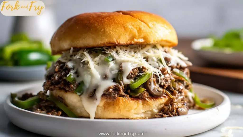 Melty Philly Cheesesteak Sloppy Joe on Toasted Brioche Bun