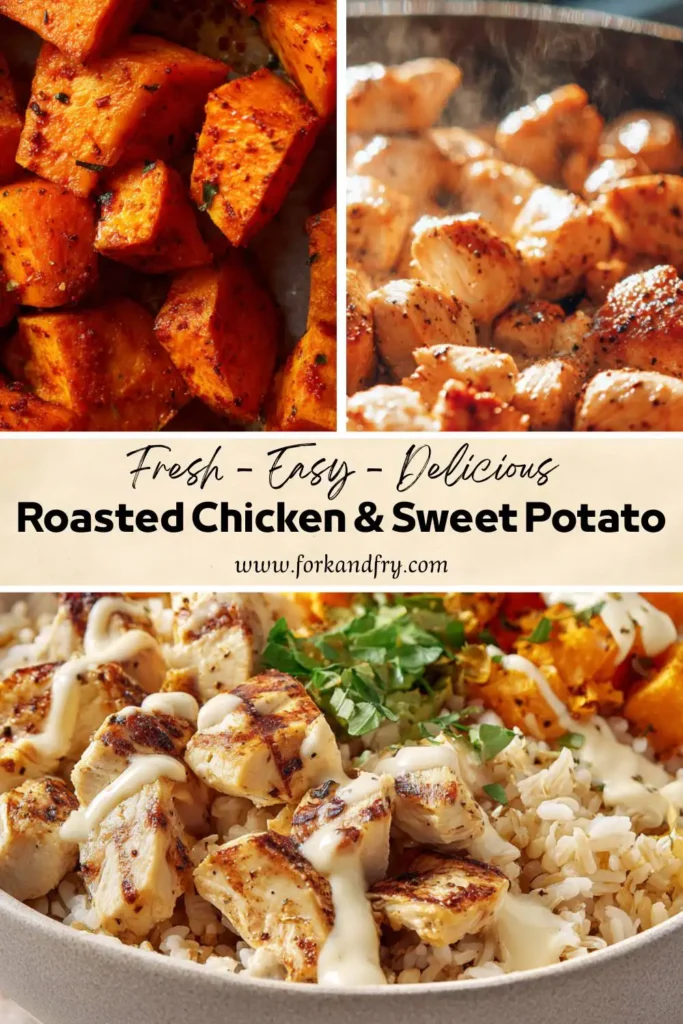 Chicken and sweet potato rice bowl with simple ingredients Close-up of roasted sweet potatoes and diced chicken over brown rice