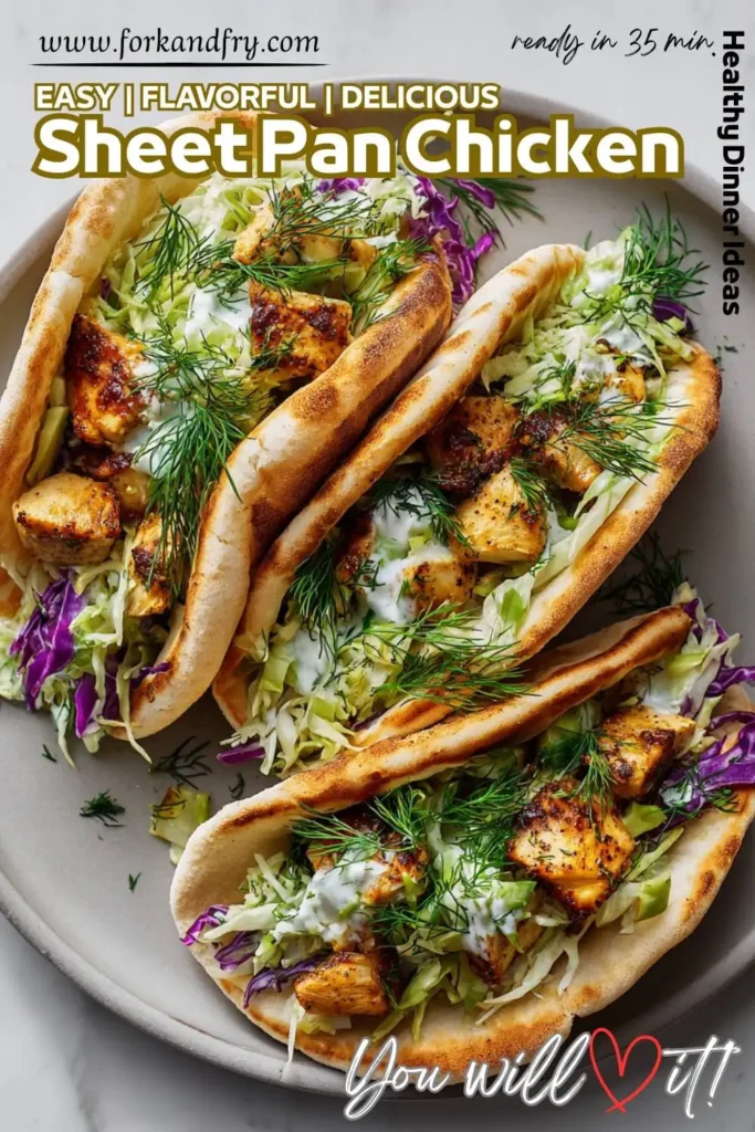 Chicken pitas served with homemade herby yogurt Chicken pitas served with homemade herby yogurt slaw on a clean plate.