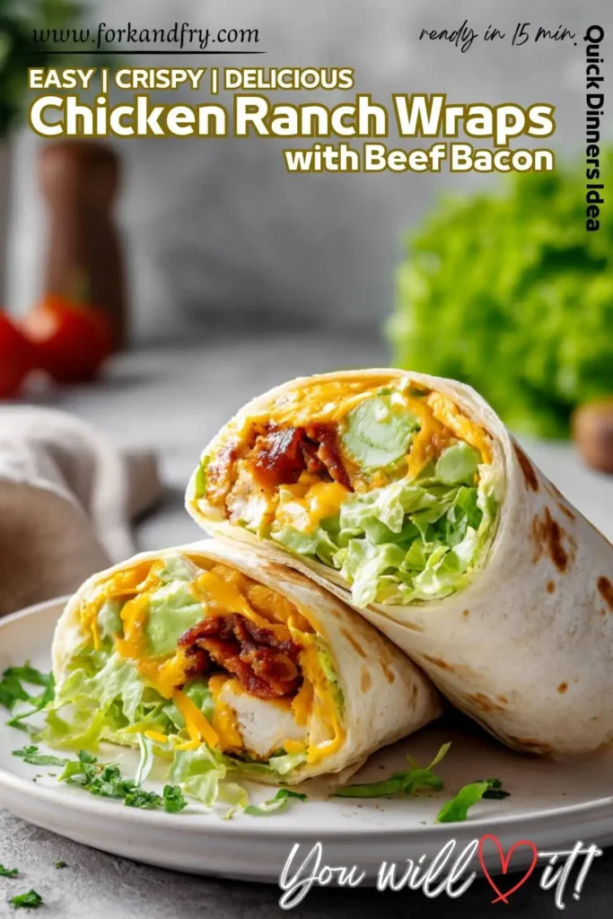 Chicken wrap with avocado slices, ranch dressing, and beef bacon.