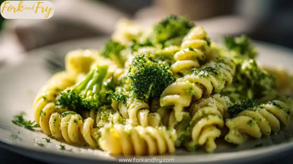 Light and creamy broccoli pasta with Parmesan on a white plate