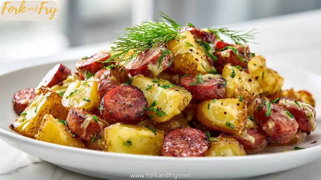 Cheesy ranch potatoes with vegetarian sausage and fresh herbs on a white plate