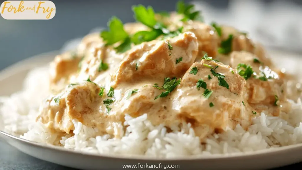 Creamy chicken and rice smothered in garlic cream sauce served with herbs