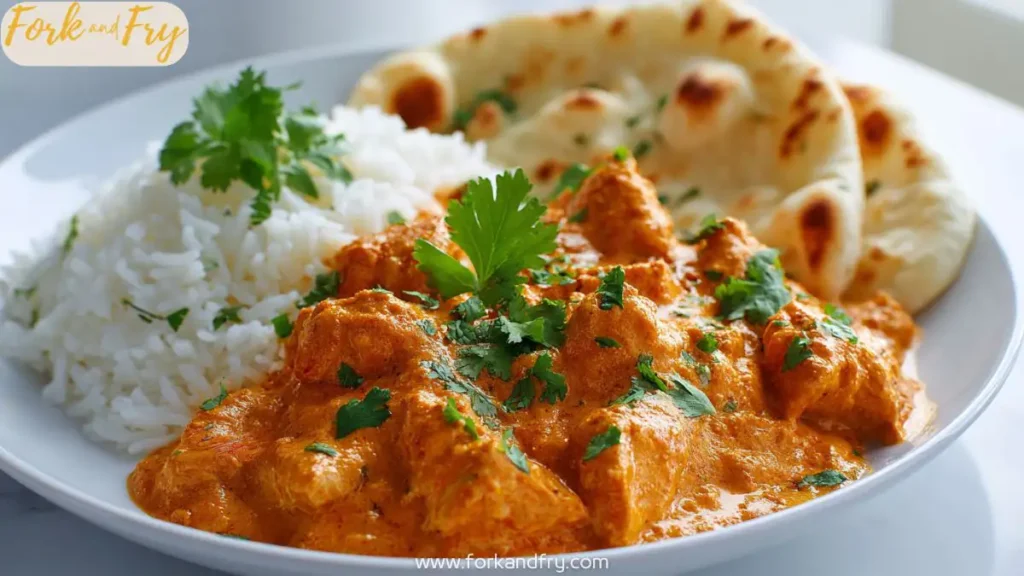 Creamy butter chicken with naan bread on white plate, bright lighting
