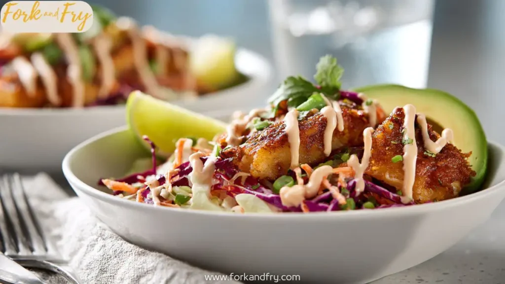 Crispy fish taco bowl with cabbage slaw and lime crema on rice