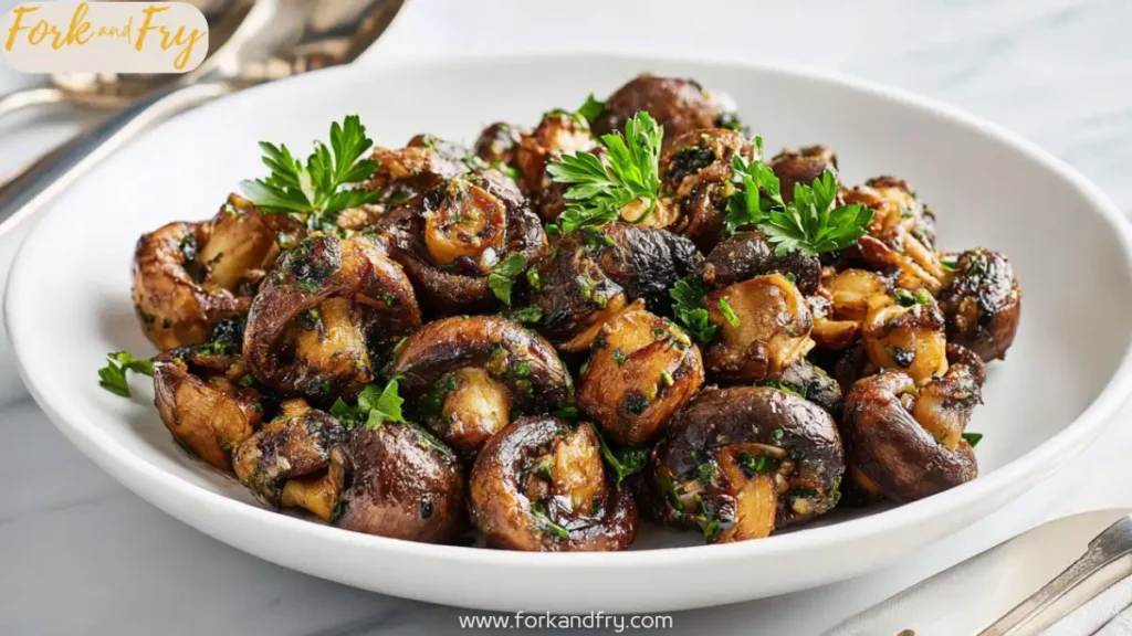 Crispy Garlic Air Fryer Mushrooms on White Plate