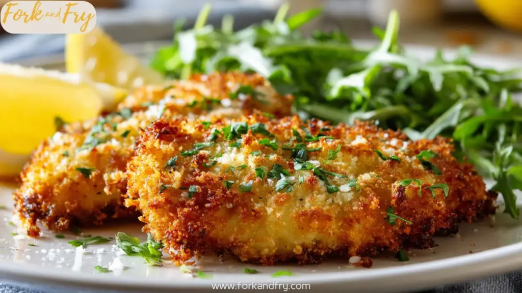 Crispy Parmesan crusted chicken served with lemon wedges and arugula salad.