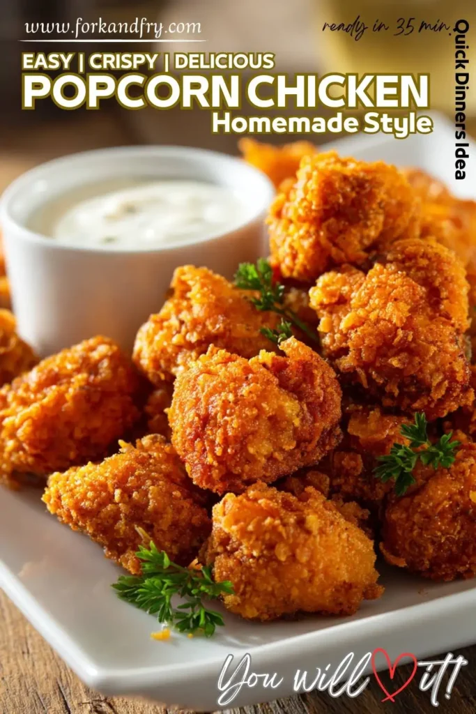 Crispy popcorn chicken in a white bowl with lemon wedges and parsley.