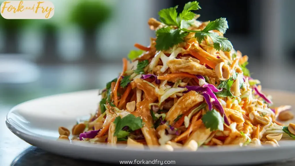 Chopped Thai salad with chicken and grated green papaya in a white bowl
