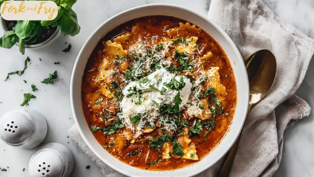 Hearty bowl of classic lasagna soup topped with ricotta and Parmesan