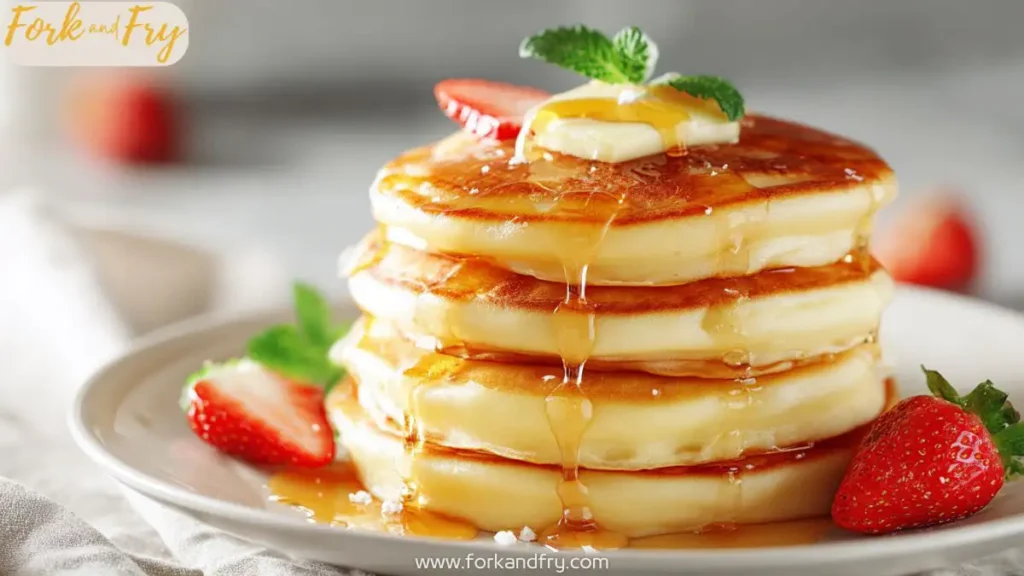 Stack of fluffy pancakes topped with fresh berries and syrup.