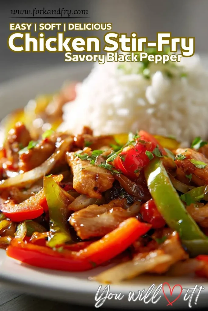 Healthy chicken stir-fry with black pepper Healthy chicken stir-fry with black pepper sauce and rice