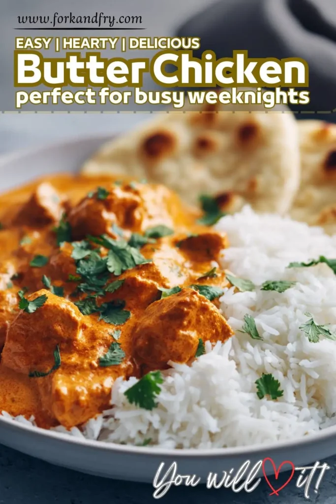 Homemade butter chicken with fluffy basmati rice and parsley garnish
