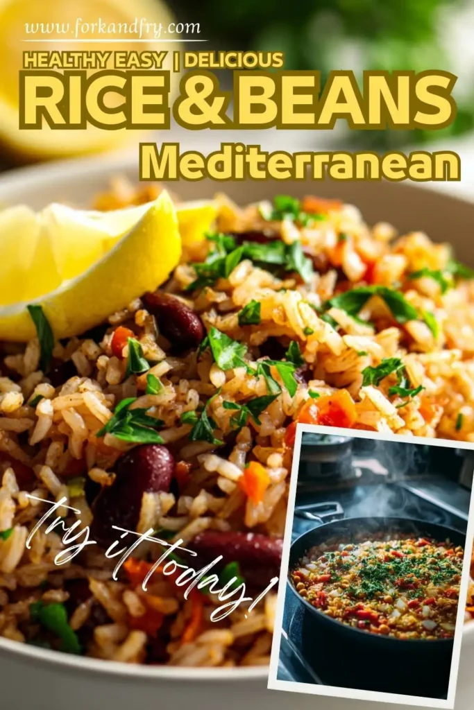 Mediterranean bowl with rice, beans, and bright lemon garnish.
