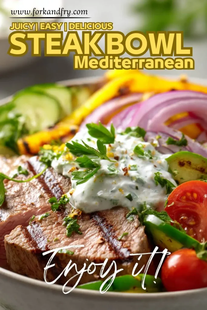 Mediterranean steak bowls and fresh Greek toppings.