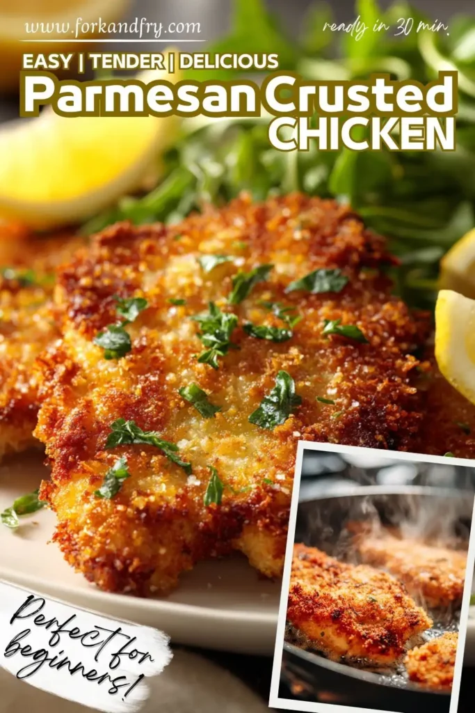 Parmesan chicken on a modern plate with fresh herbs and salad garnish.