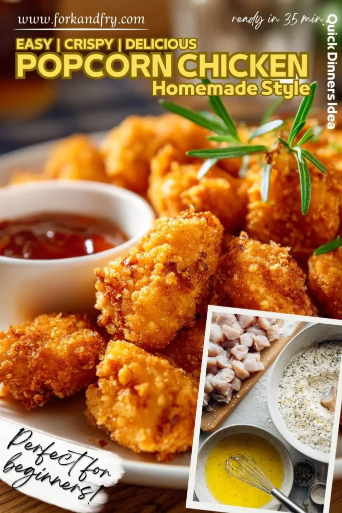 Popcorn chicken bites arranged on parchment with BBQ and ranch dipping bowls.