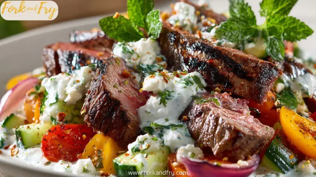 Mediterranean steak bowl with grilled sirloin, colorful veggies, and tzatziki.