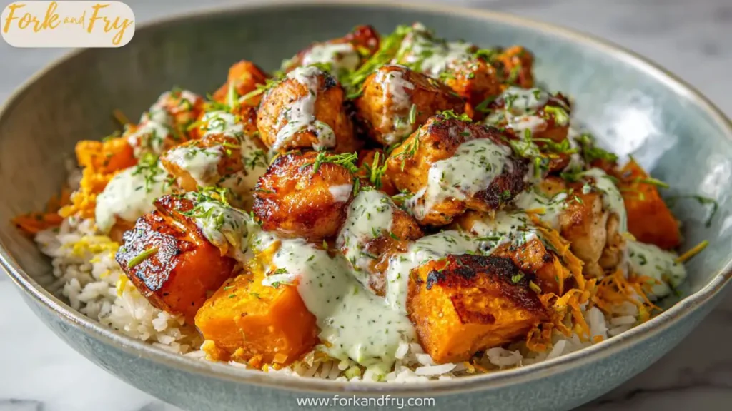 Hearty bowl of chicken, roasted sweet potatoes, and rice with creamy tahini drizzle