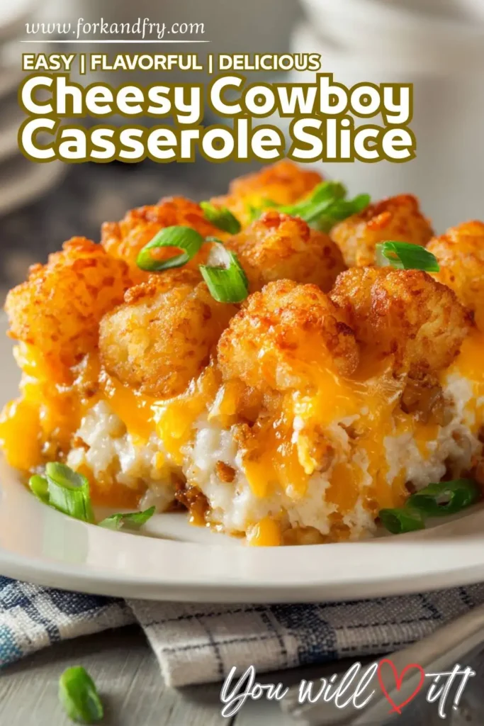 Serving spoon lifting a portion of creamy tater tot casserole from a white dish