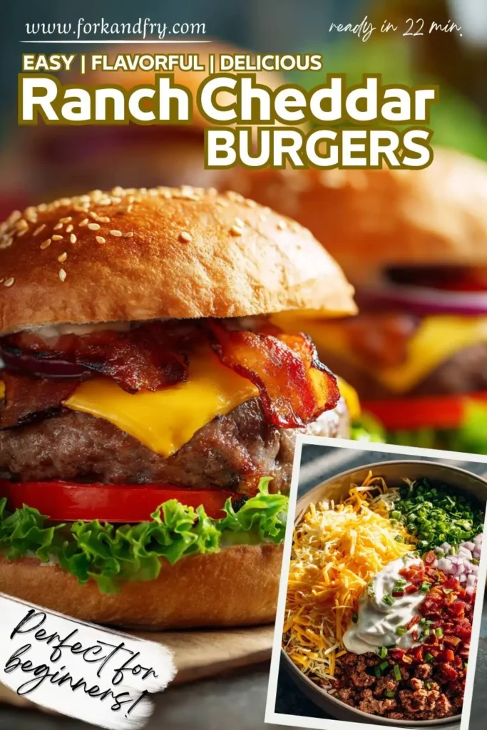 Stack of beef cheddar ranch burgers with melted cheese and fresh toppings