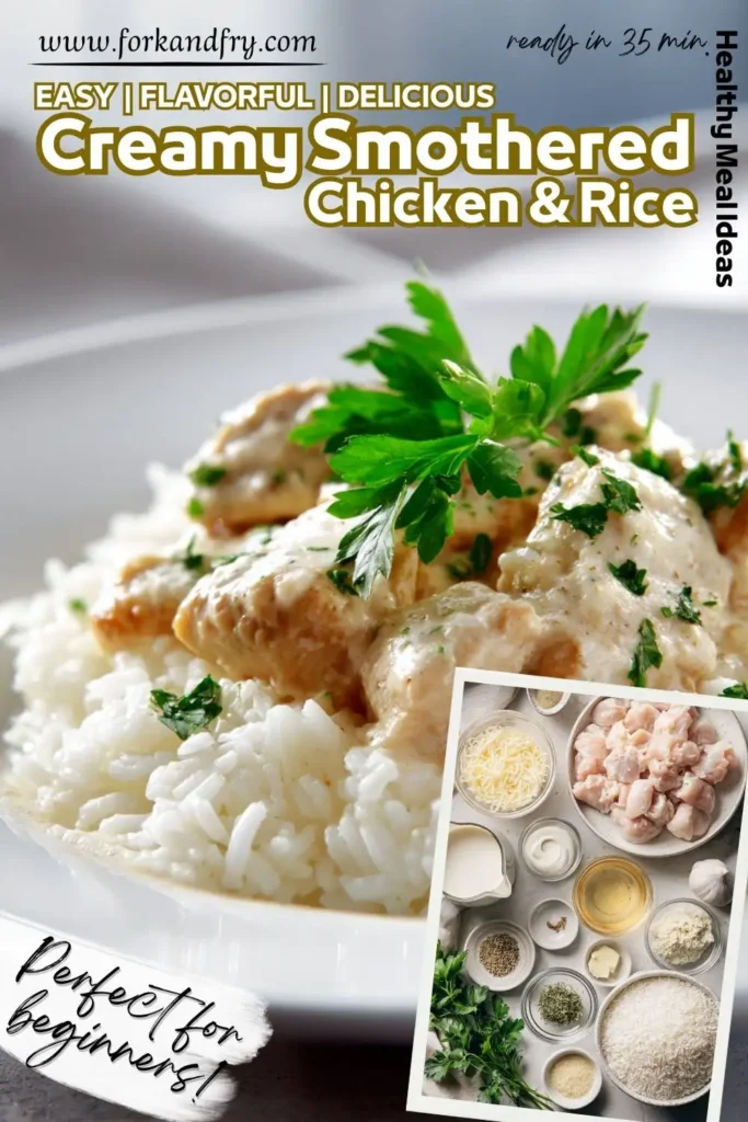 Tender chicken with creamy sauce over white rice Tender chicken with creamy sauce over white rice