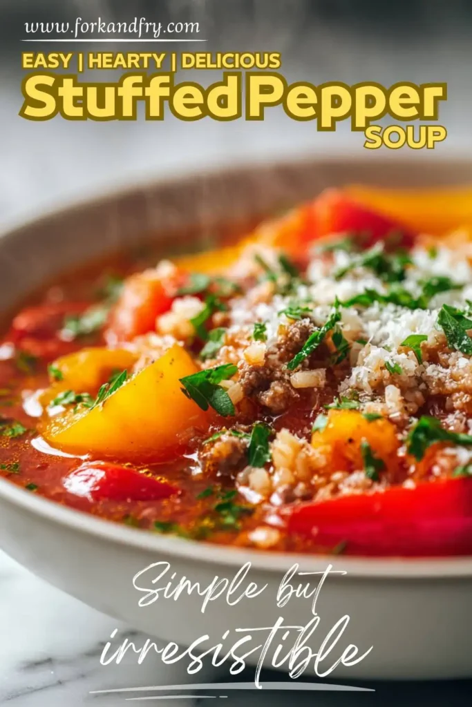 Close-up of stuffed pepper soup featuring colorful bell peppers and beef in a rich tomato broth, topped with fresh parsley.