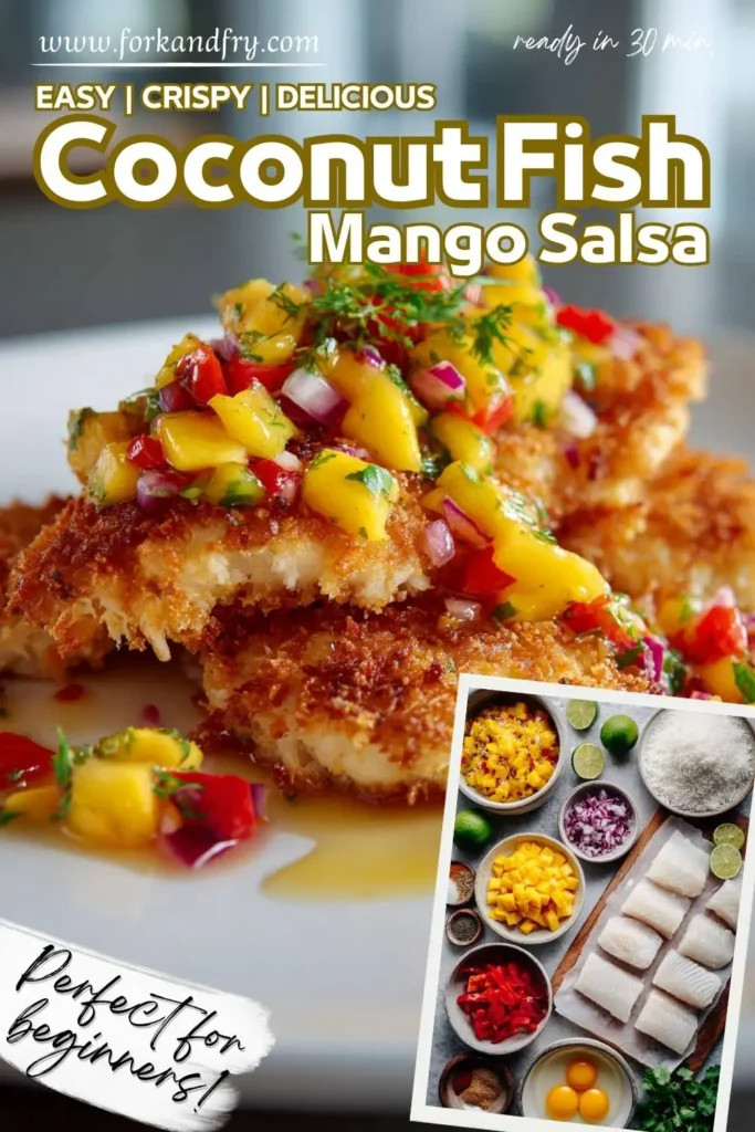 Coconut panko fish served with mango salsa and cauliflower rice