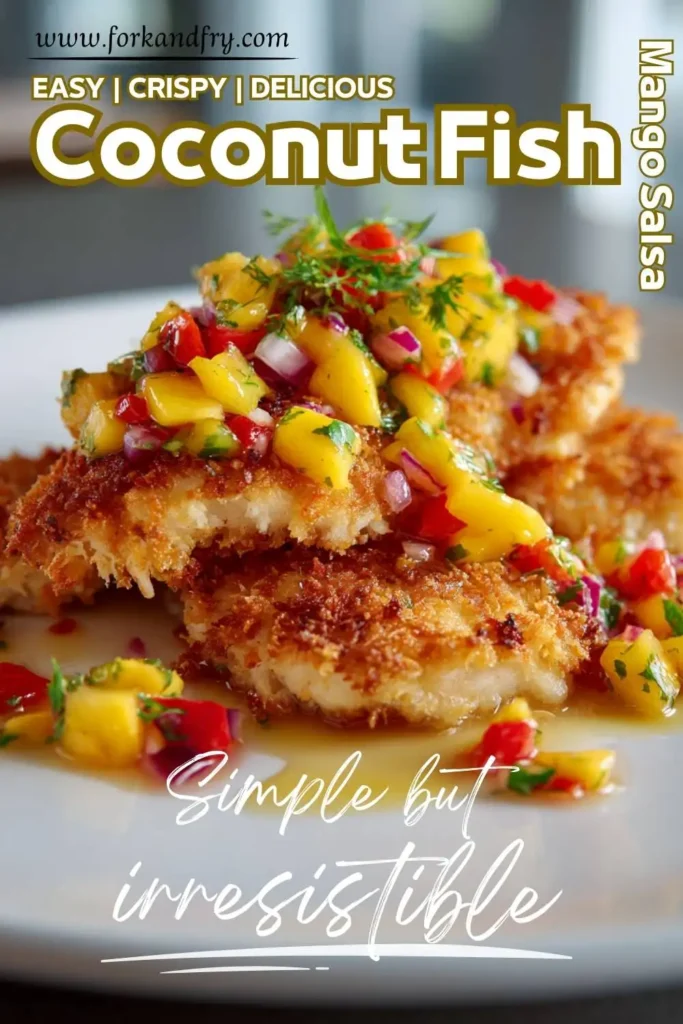 Coconut crusted fish fillets cut into strips for tacos with mango salsa
