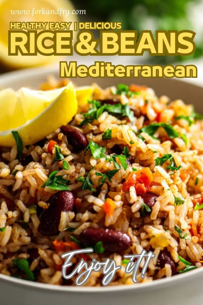 Vegan rice and beans dish with tomatoes, spinach, and lemon