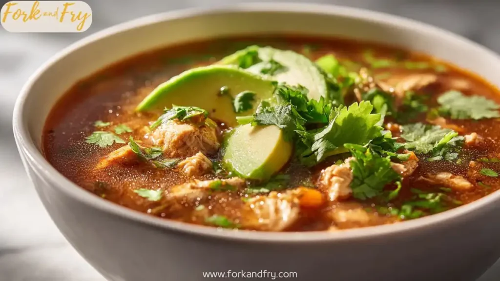 Steamy bowl of chicken taco soup with avocado and cilantro garnish