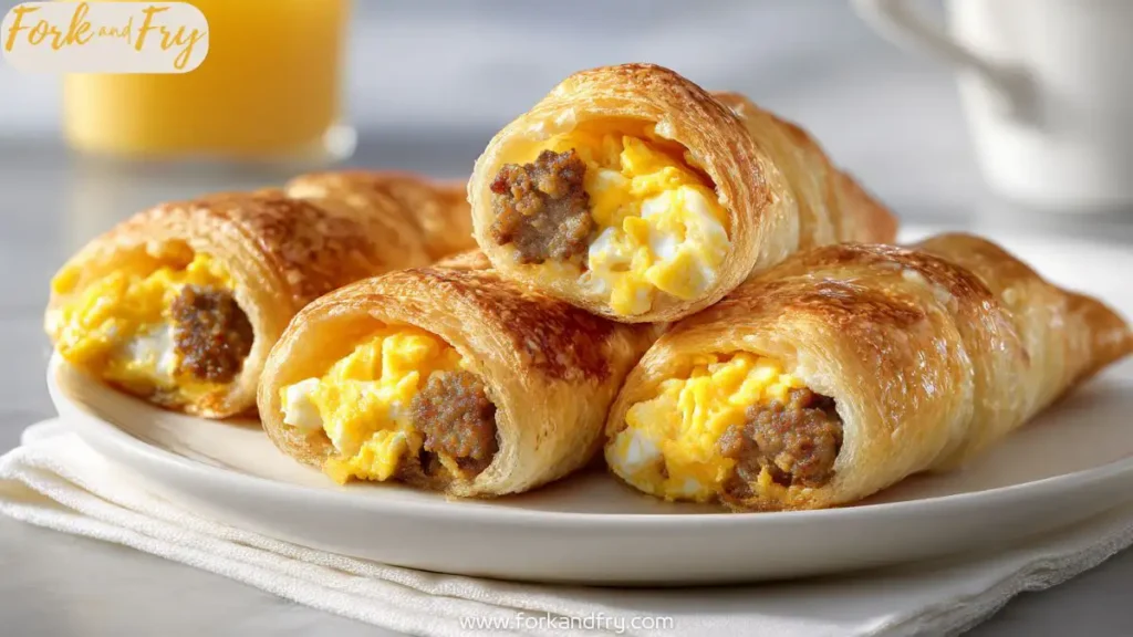 Golden roll-ups with beef sausage, eggs, and cheese on white plate