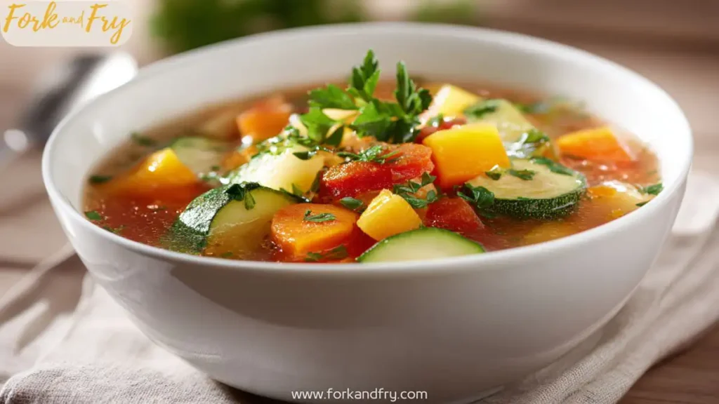 Bowl of hearty chicken vegetable soup with zucchini and squash.