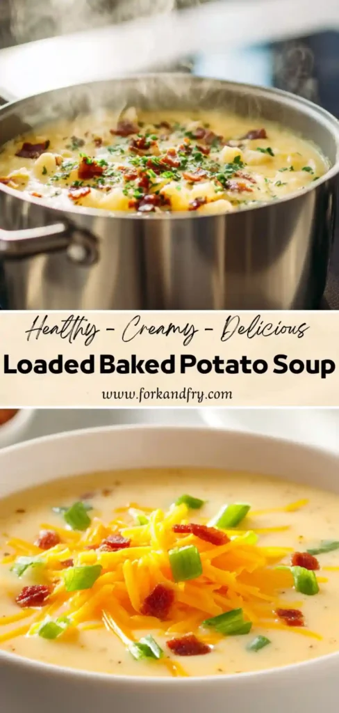 Bowl of homemade potato soup with melted cheese and crispy toppings, perfect for fall dinner.