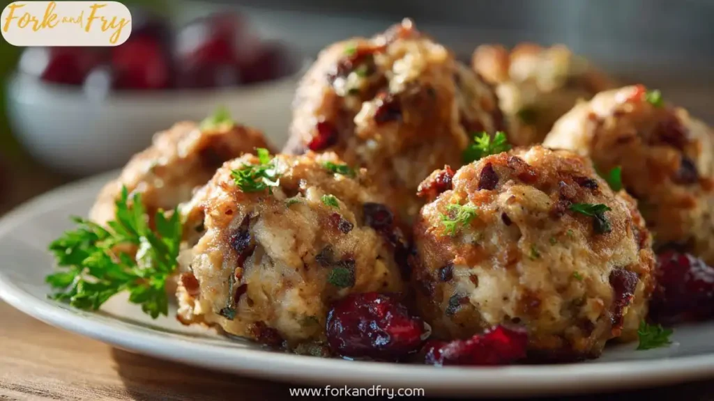 Baked turkey stuffing balls with fresh cranberries and herbs