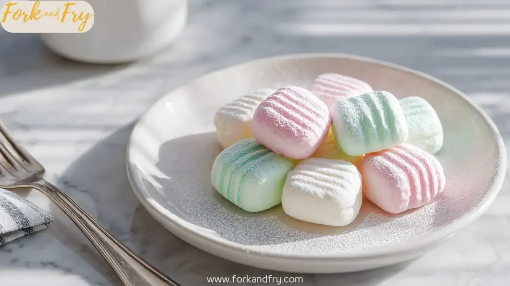 Close-up of pastel molded cream cheese mints on a plate